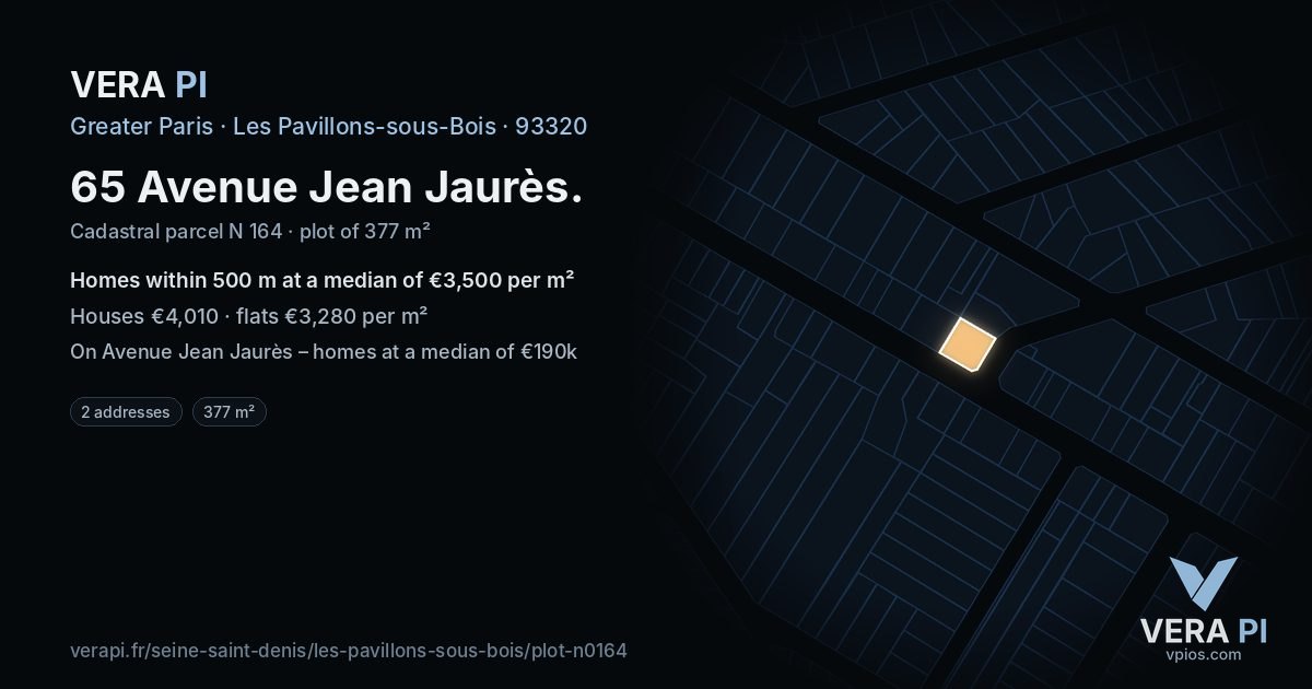 65 Avenue Jean Jaurès, Les Pavillons-sous-Bois at night – the plot lit, the parcels around coloured by the prices near them