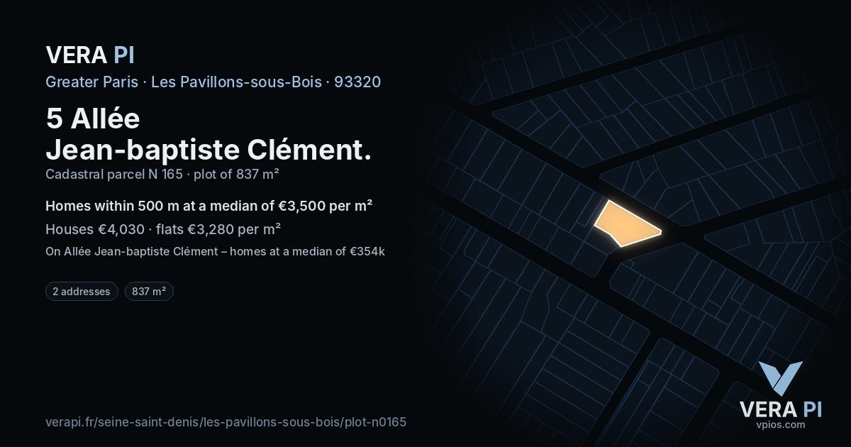 5 Allée Jean-baptiste Clément, Les Pavillons-sous-Bois at night – the plot lit, the parcels around coloured by the prices near them
