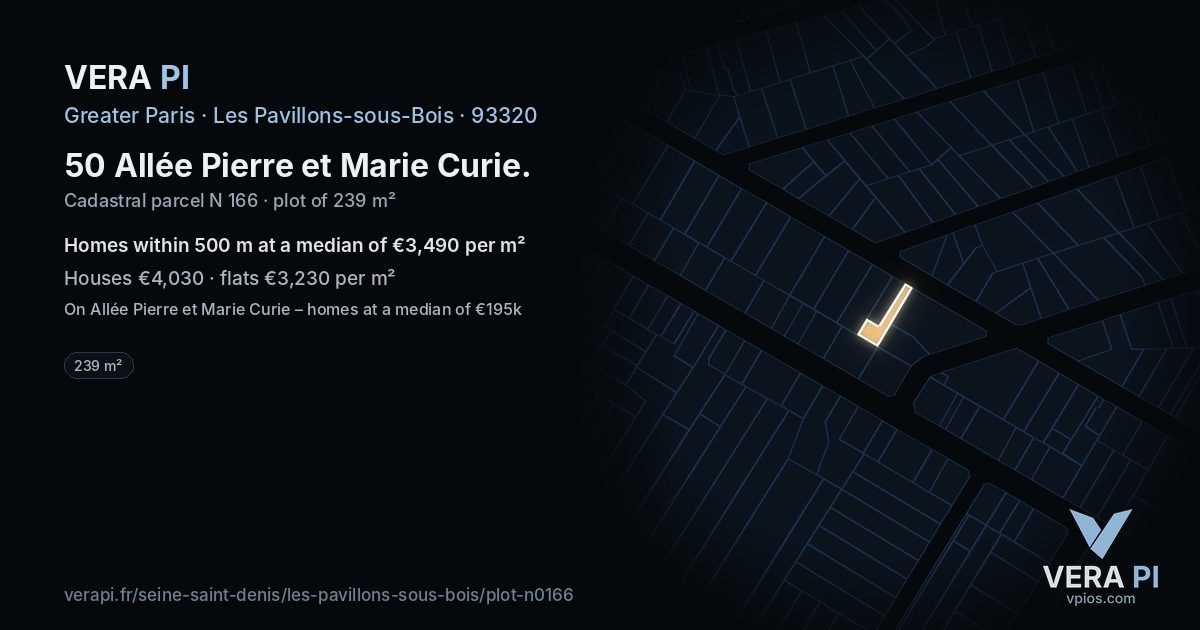 50 Allée Pierre et Marie Curie, Les Pavillons-sous-Bois at night – the plot lit, the parcels around coloured by the prices near them