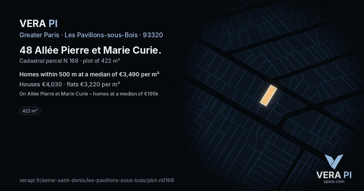 48 Allée Pierre et Marie Curie, Les Pavillons-sous-Bois at night – the plot lit, the parcels around coloured by the prices near them