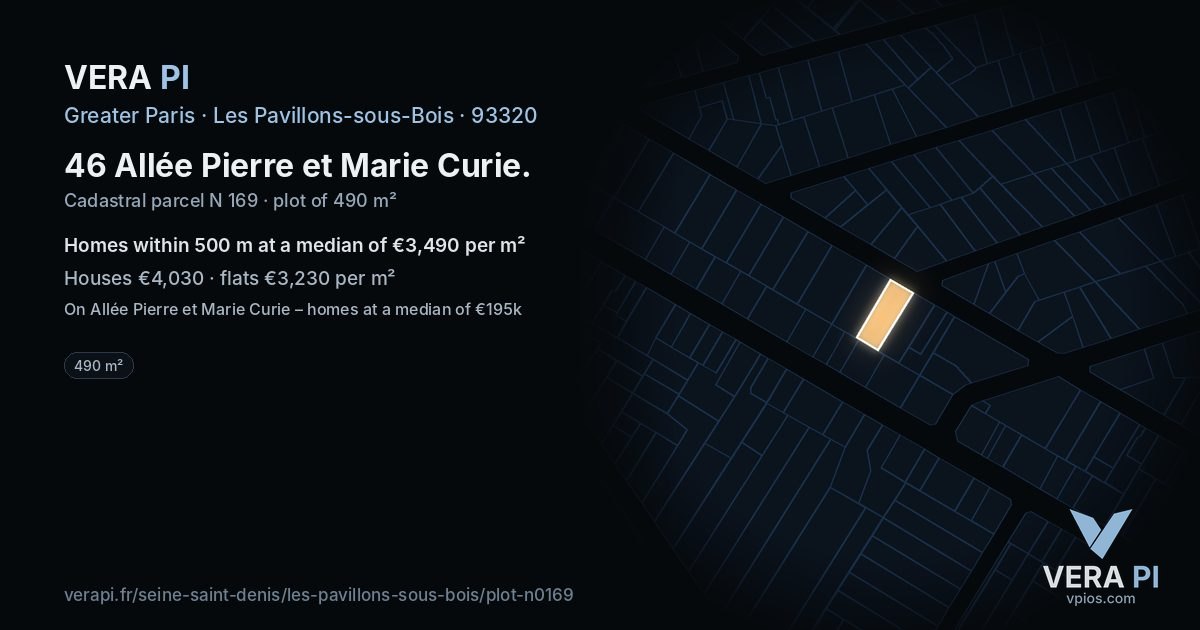 46 Allée Pierre et Marie Curie, Les Pavillons-sous-Bois at night – the plot lit, the parcels around coloured by the prices near them