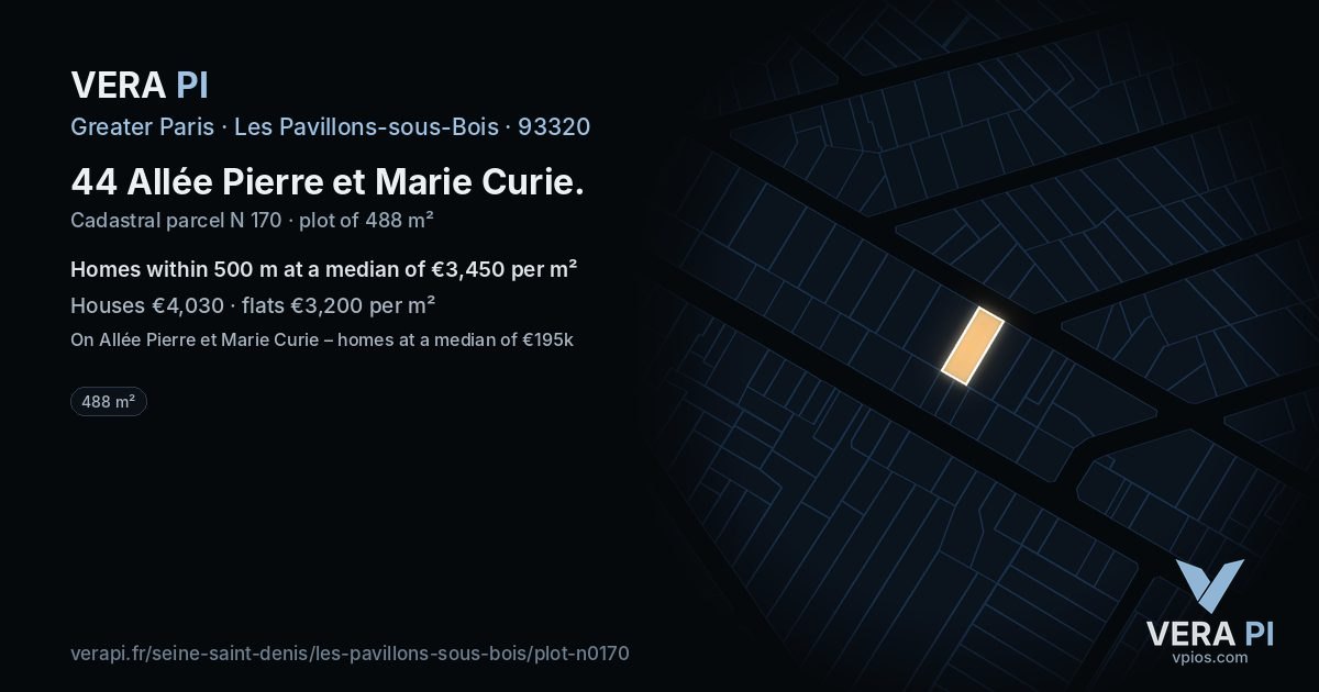 44 Allée Pierre et Marie Curie, Les Pavillons-sous-Bois at night – the plot lit, the parcels around coloured by the prices near them