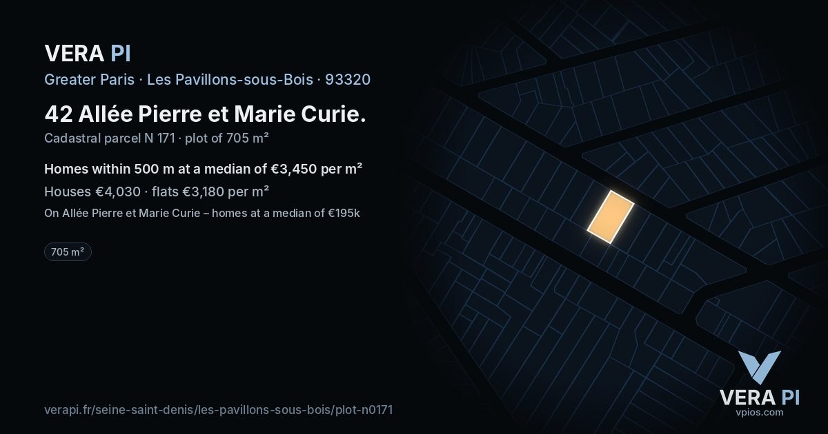 42 Allée Pierre et Marie Curie, Les Pavillons-sous-Bois at night – the plot lit, the parcels around coloured by the prices near them
