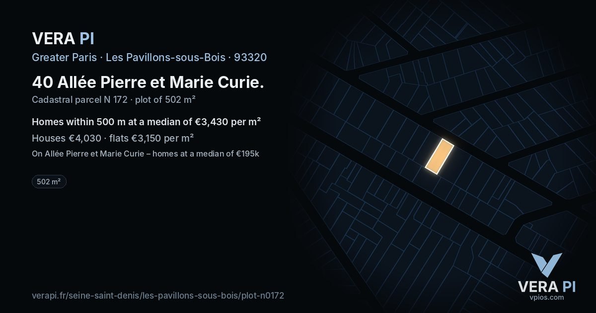 40 Allée Pierre et Marie Curie, Les Pavillons-sous-Bois at night – the plot lit, the parcels around coloured by the prices near them