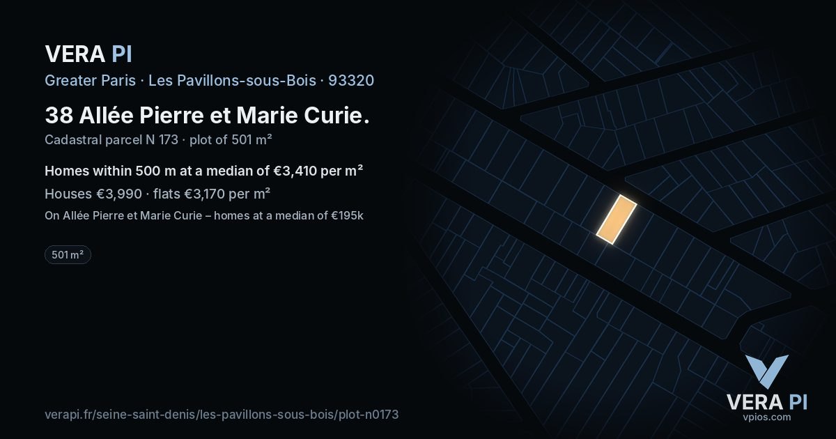 38 Allée Pierre et Marie Curie, Les Pavillons-sous-Bois at night – the plot lit, the parcels around coloured by the prices near them