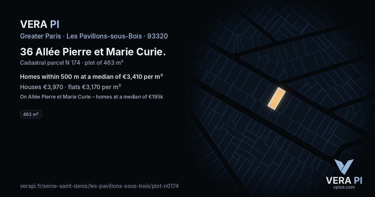 36 Allée Pierre et Marie Curie, Les Pavillons-sous-Bois at night – the plot lit, the parcels around coloured by the prices near them