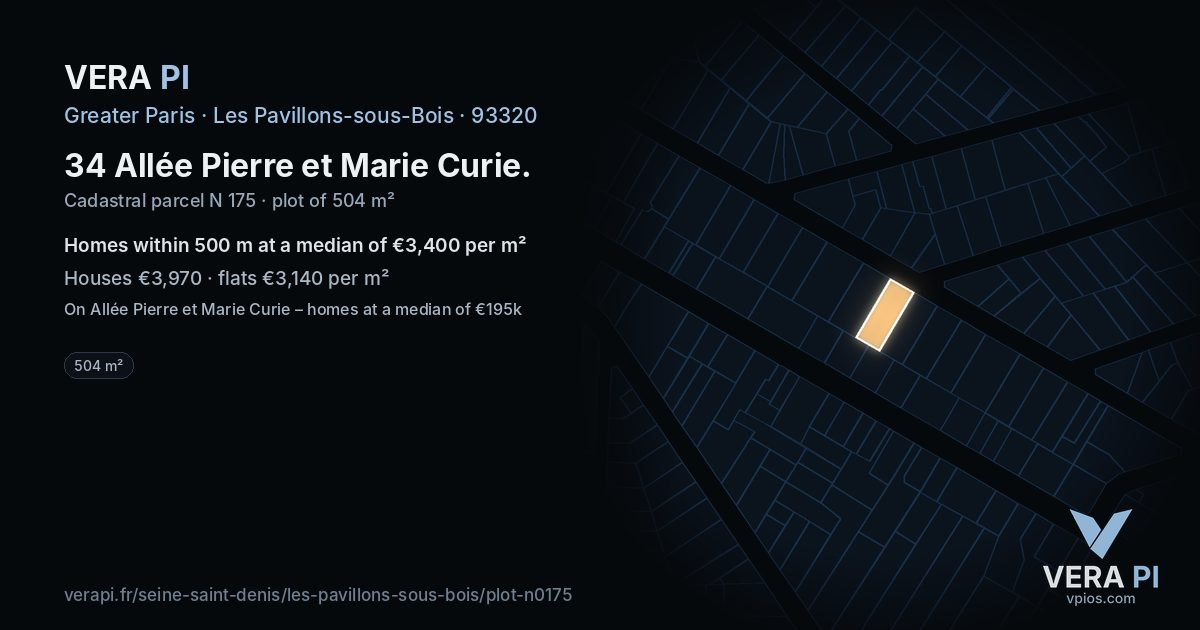 34 Allée Pierre et Marie Curie, Les Pavillons-sous-Bois at night – the plot lit, the parcels around coloured by the prices near them
