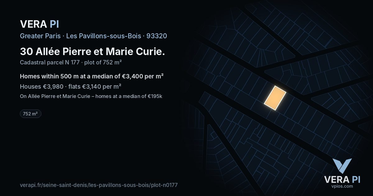 30 Allée Pierre et Marie Curie, Les Pavillons-sous-Bois at night – the plot lit, the parcels around coloured by the prices near them