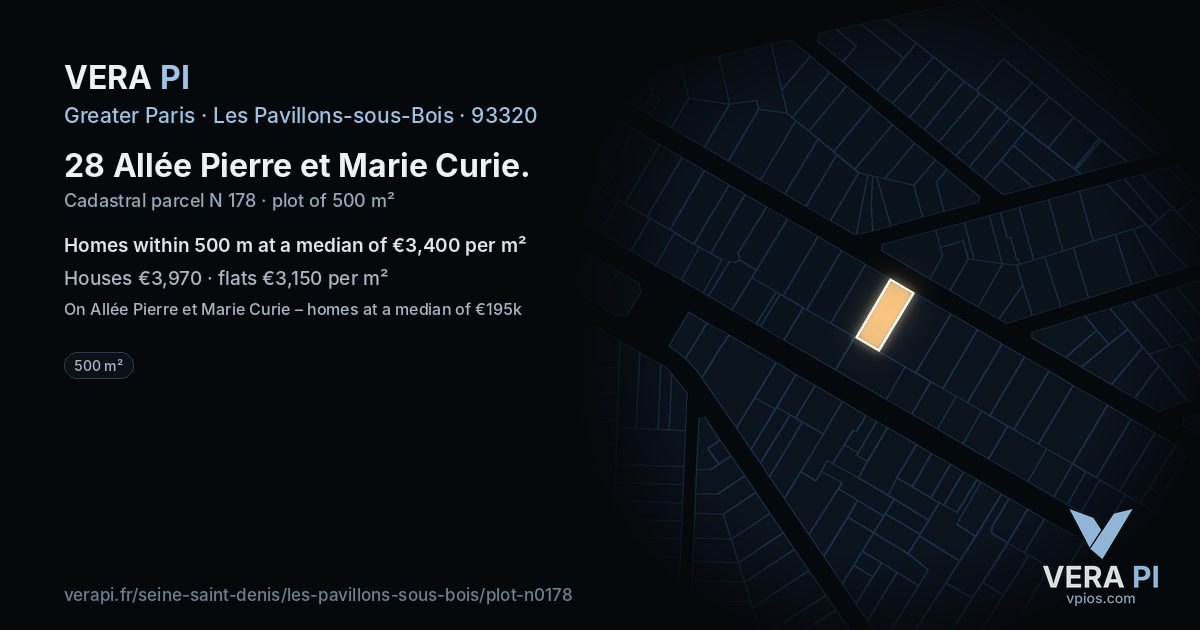 28 Allée Pierre et Marie Curie, Les Pavillons-sous-Bois at night – the plot lit, the parcels around coloured by the prices near them