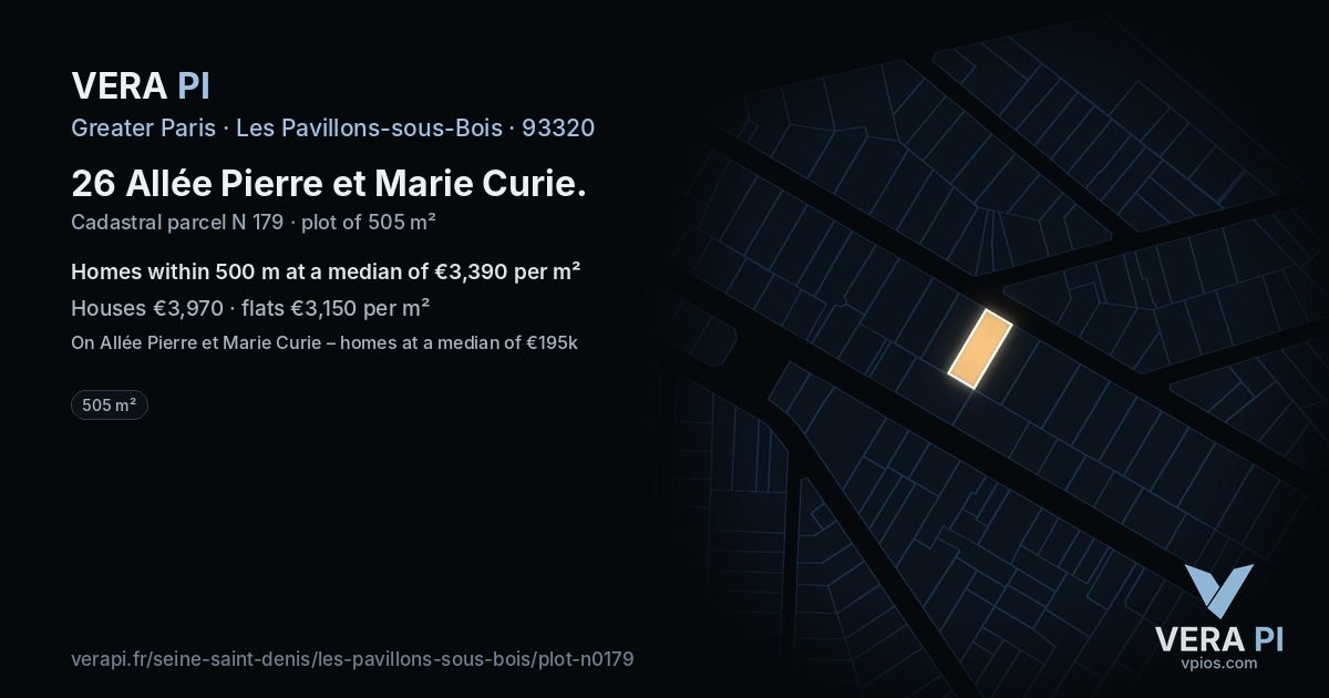 26 Allée Pierre et Marie Curie, Les Pavillons-sous-Bois at night – the plot lit, the parcels around coloured by the prices near them