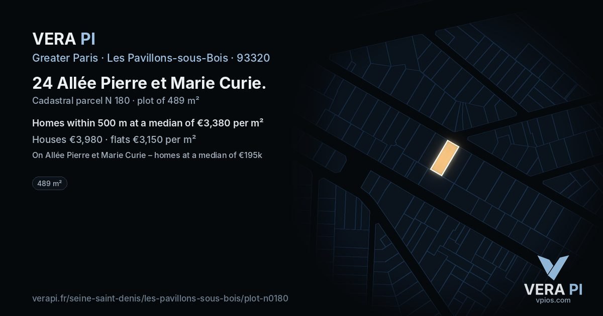 24 Allée Pierre et Marie Curie, Les Pavillons-sous-Bois at night – the plot lit, the parcels around coloured by the prices near them