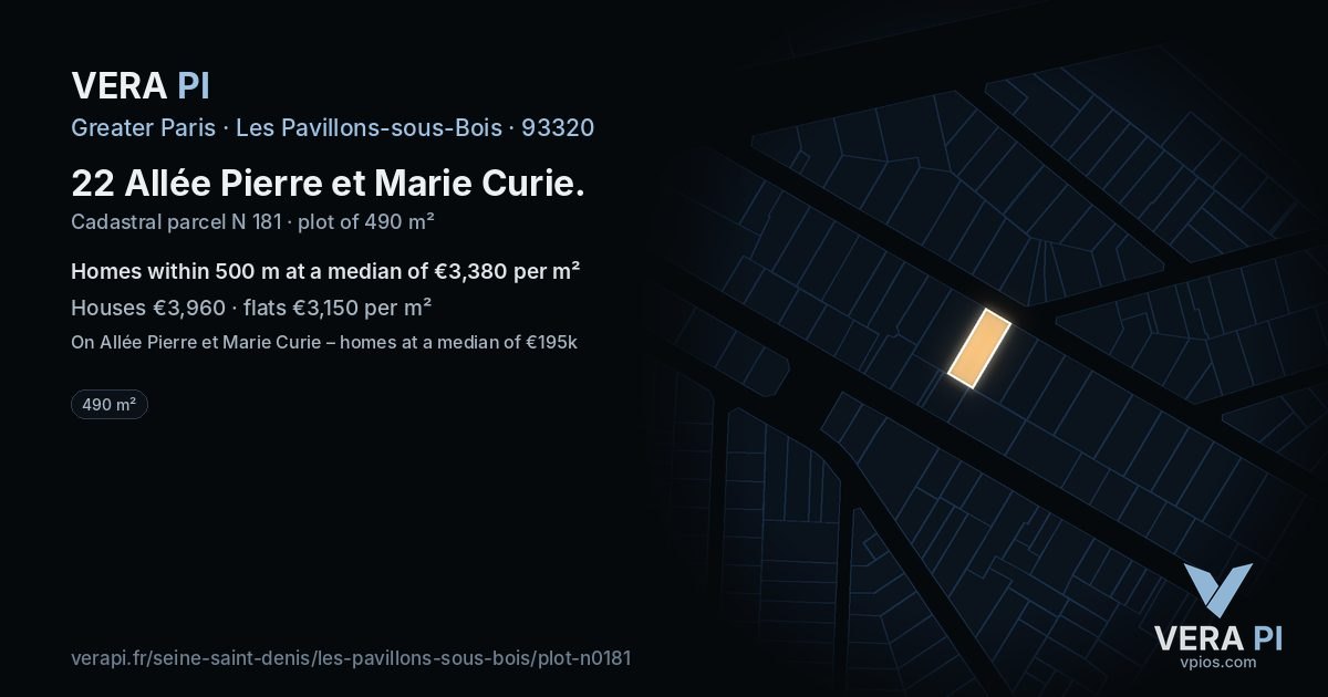22 Allée Pierre et Marie Curie, Les Pavillons-sous-Bois at night – the plot lit, the parcels around coloured by the prices near them