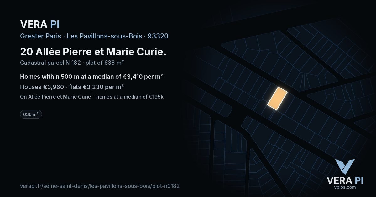 20 Allée Pierre et Marie Curie, Les Pavillons-sous-Bois at night – the plot lit, the parcels around coloured by the prices near them
