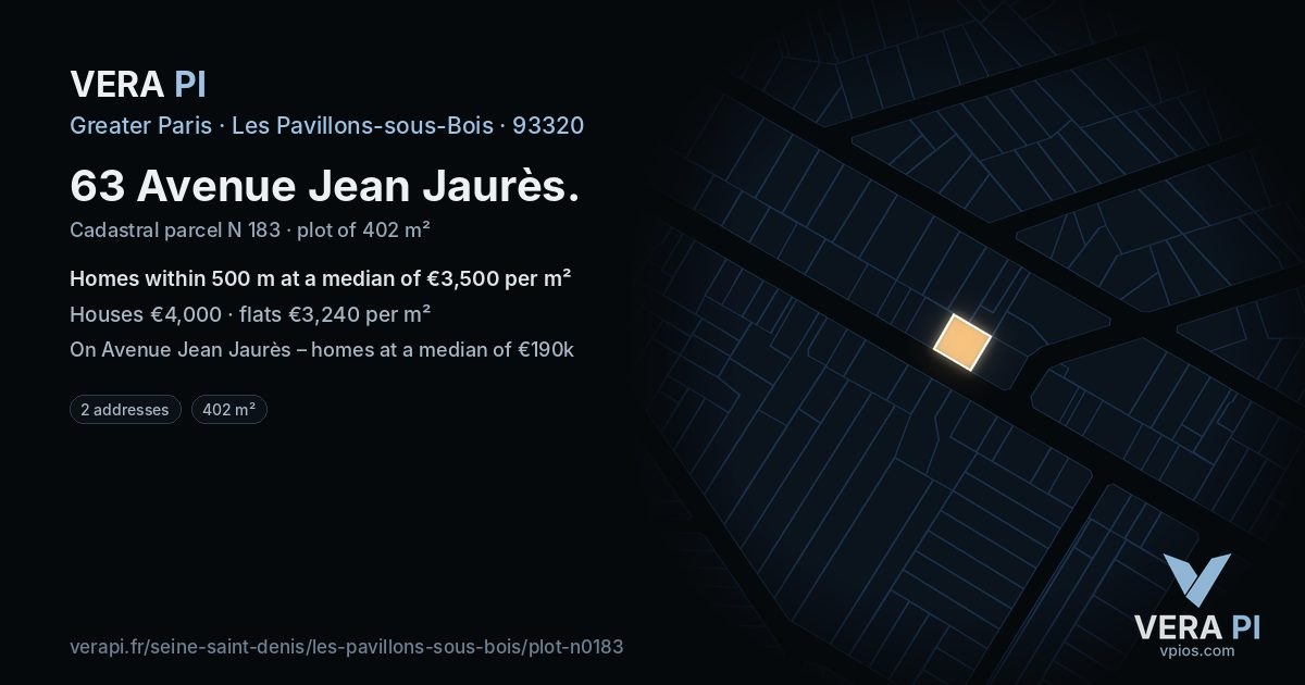 63 Avenue Jean Jaurès, Les Pavillons-sous-Bois at night – the plot lit, the parcels around coloured by the prices near them
