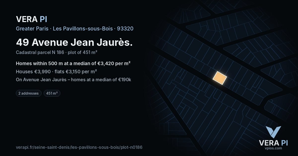 49 Avenue Jean Jaurès, Les Pavillons-sous-Bois at night – the plot lit, the parcels around coloured by the prices near them