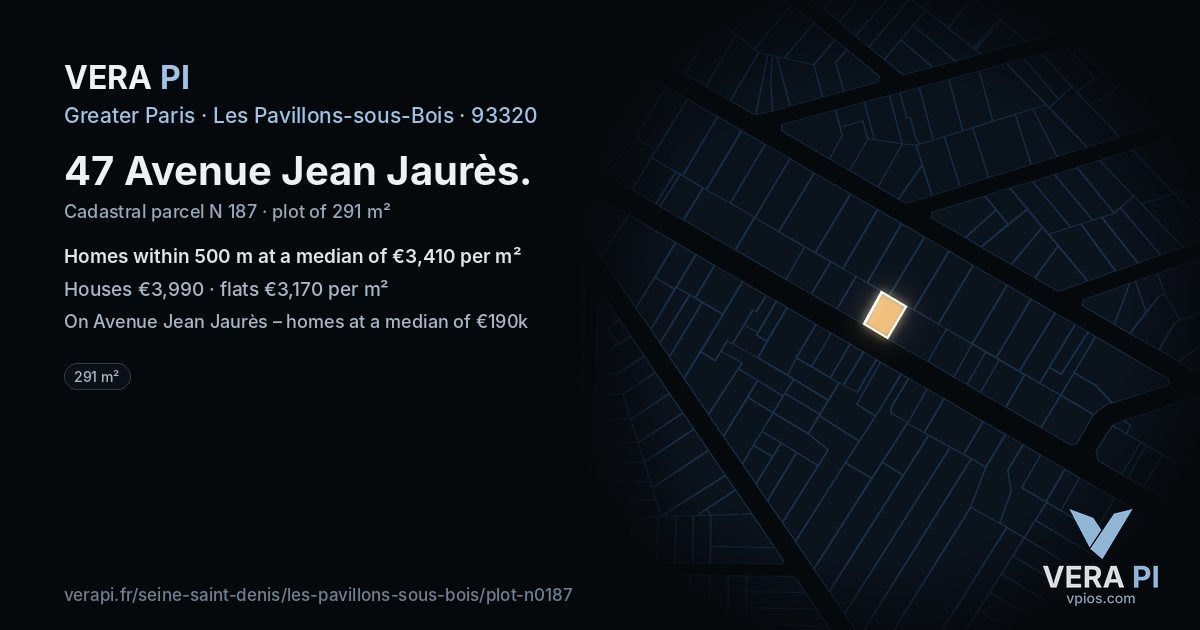 47 Avenue Jean Jaurès, Les Pavillons-sous-Bois at night – the plot lit, the parcels around coloured by the prices near them