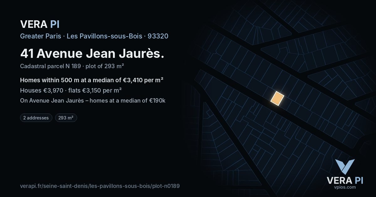 41 Avenue Jean Jaurès, Les Pavillons-sous-Bois at night – the plot lit, the parcels around coloured by the prices near them