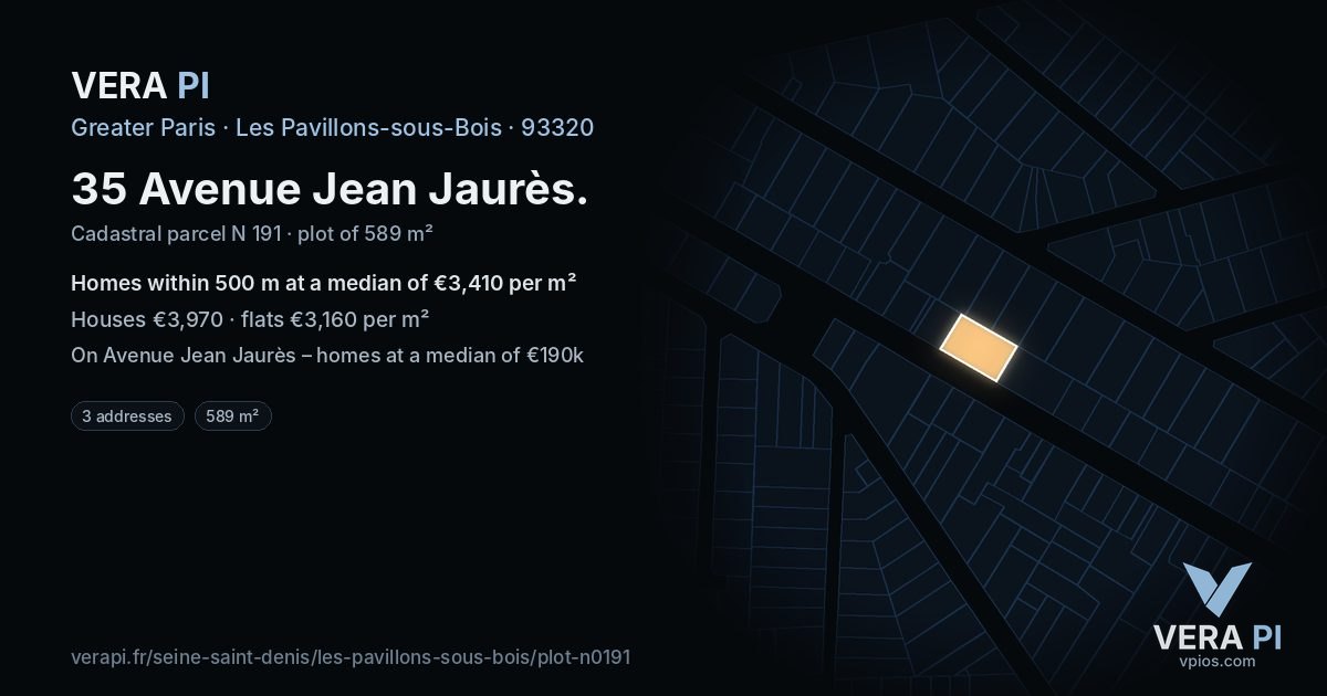 35 Avenue Jean Jaurès, Les Pavillons-sous-Bois at night – the plot lit, the parcels around coloured by the prices near them