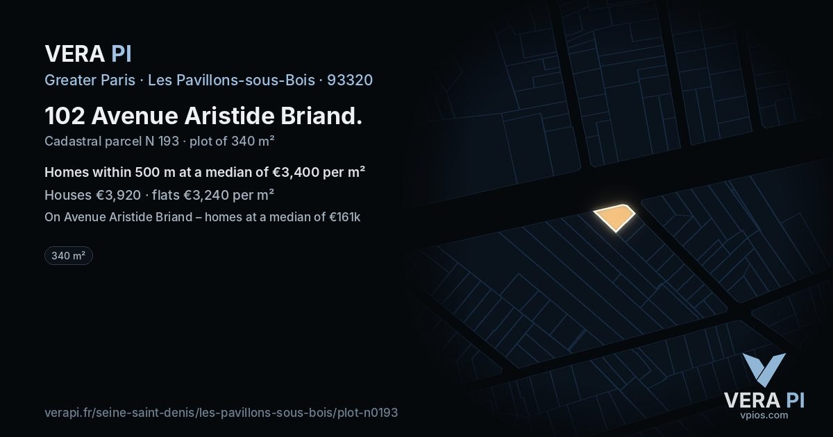 102 Avenue Aristide Briand, Les Pavillons-sous-Bois at night – the plot lit, the parcels around coloured by the prices near them