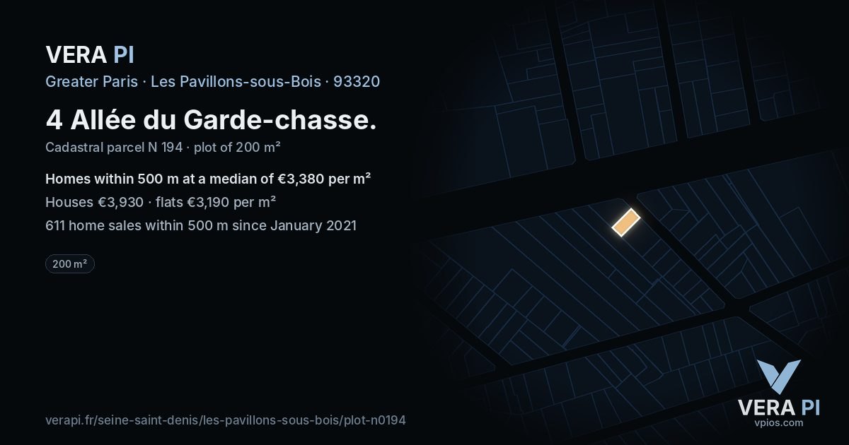 4 Allée du Garde-chasse, Les Pavillons-sous-Bois at night – the plot lit, the parcels around coloured by the prices near them