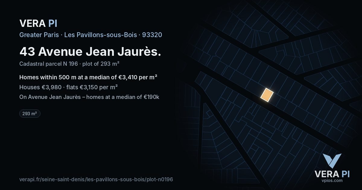 43 Avenue Jean Jaurès, Les Pavillons-sous-Bois at night – the plot lit, the parcels around coloured by the prices near them