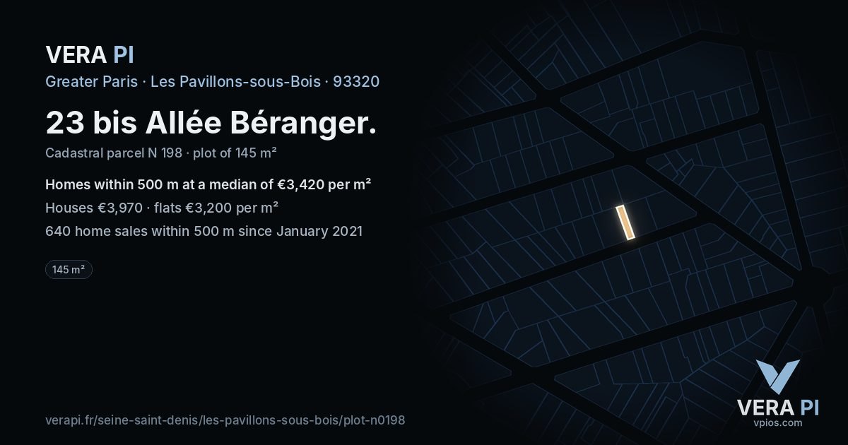 23 bis Allée Béranger, Les Pavillons-sous-Bois at night – the plot lit, the parcels around coloured by the prices near them
