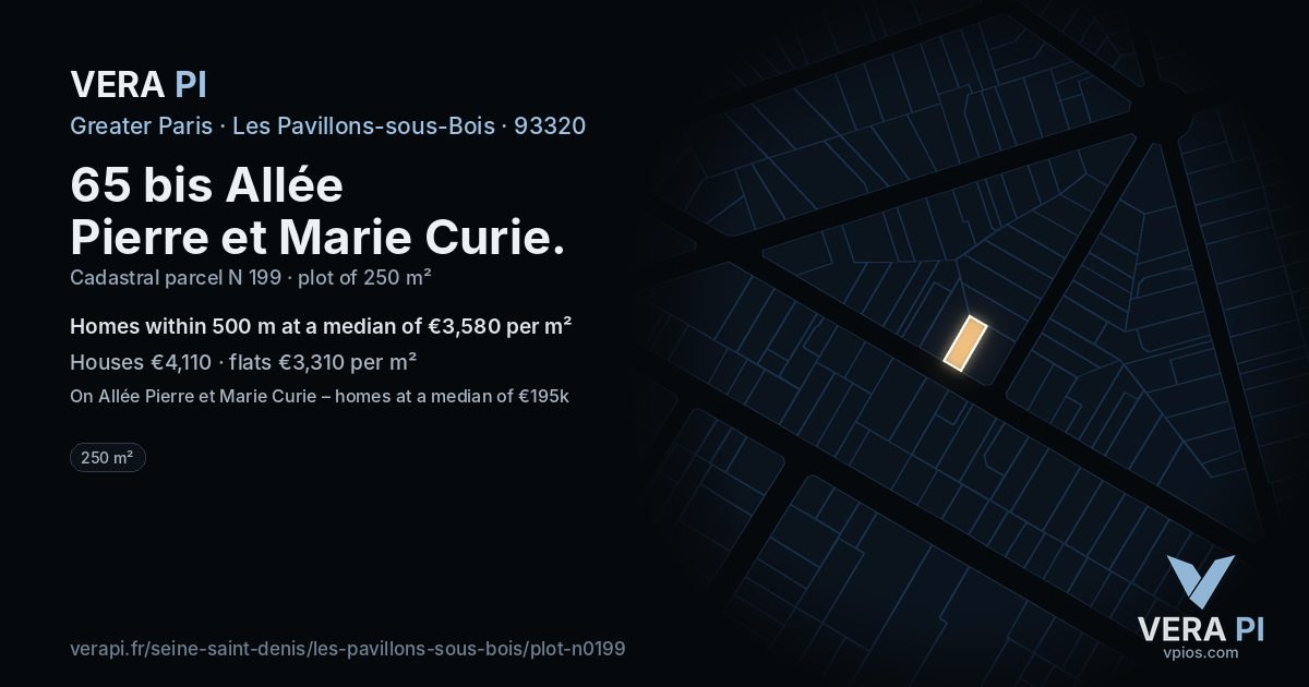 65 bis Allée Pierre et Marie Curie, Les Pavillons-sous-Bois at night – the plot lit, the parcels around coloured by the prices near them
