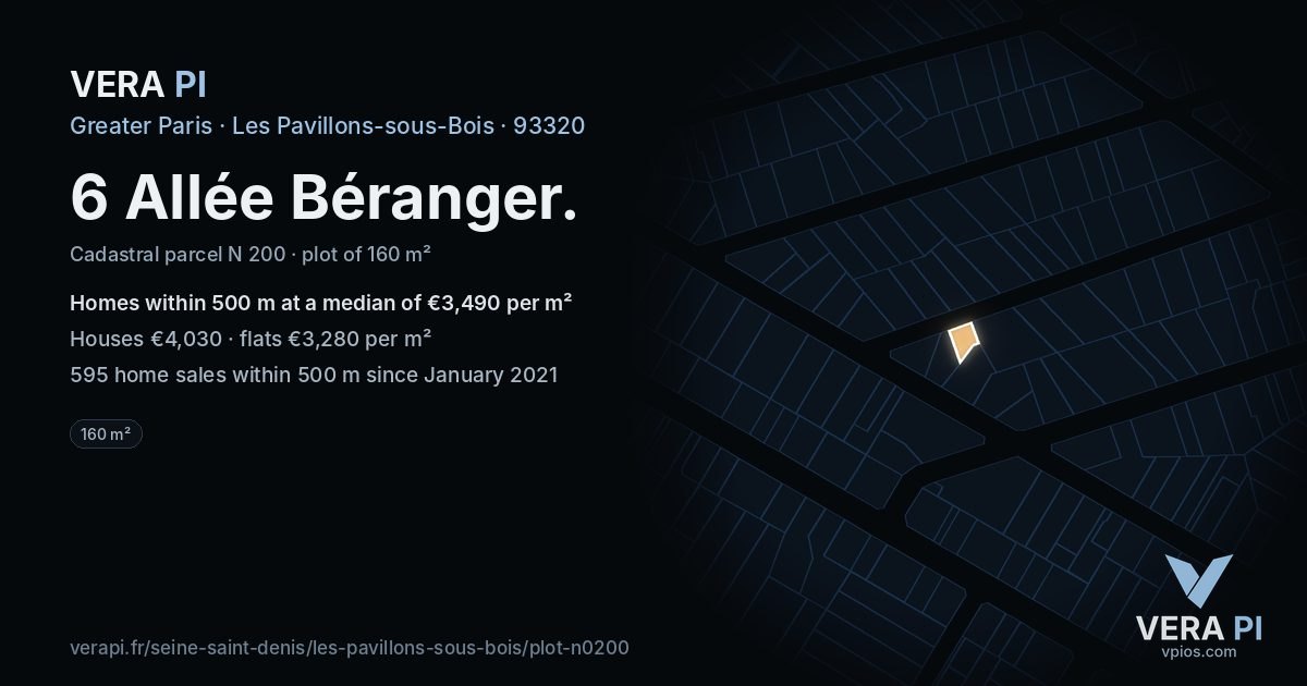 6 Allée Béranger, Les Pavillons-sous-Bois at night – the plot lit, the parcels around coloured by the prices near them