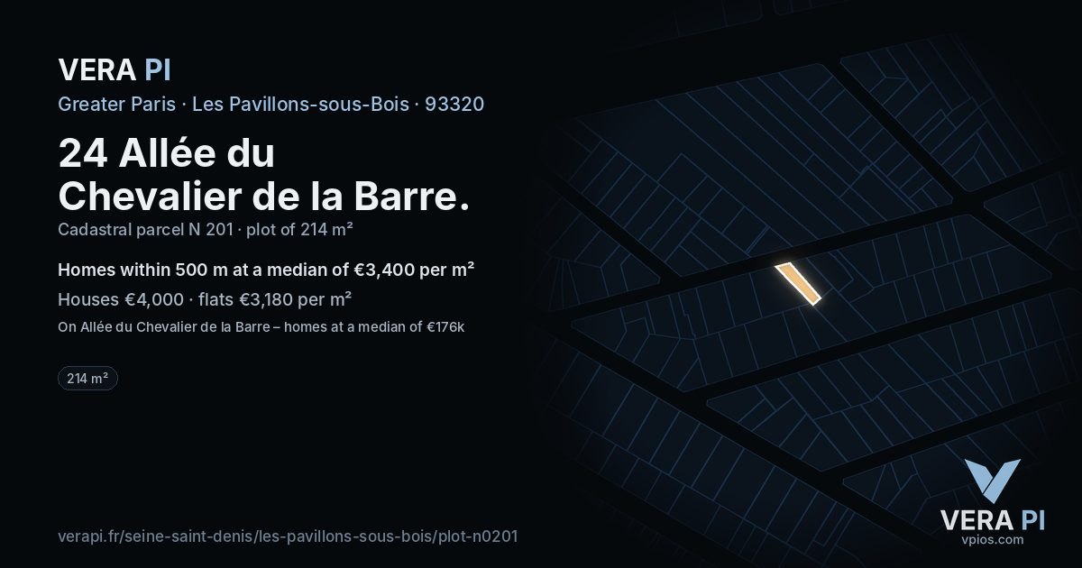 24 Allée du Chevalier de la Barre, Les Pavillons-sous-Bois at night – the plot lit, the parcels around coloured by the prices near them