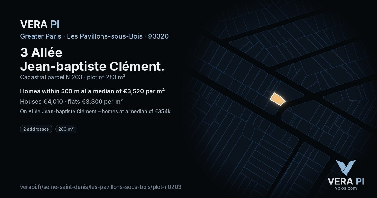 3 Allée Jean-baptiste Clément, Les Pavillons-sous-Bois at night – the plot lit, the parcels around coloured by the prices near them
