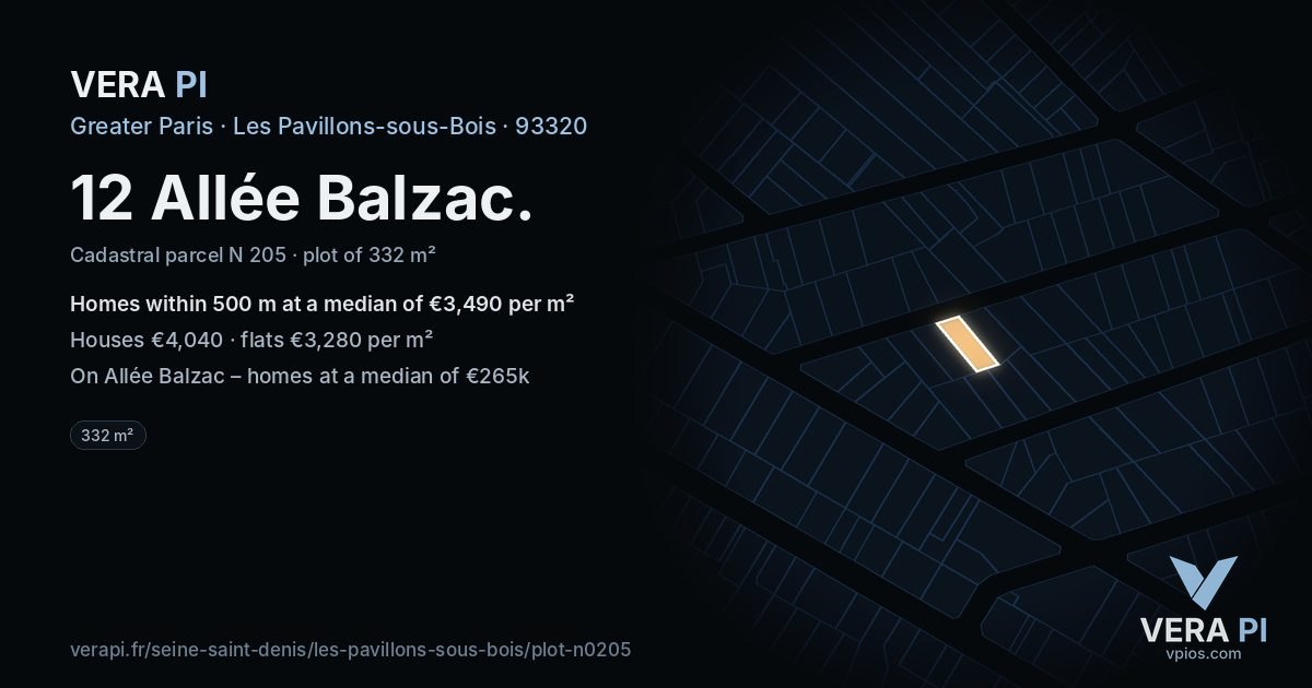 12 Allée Balzac, Les Pavillons-sous-Bois at night – the plot lit, the parcels around coloured by the prices near them