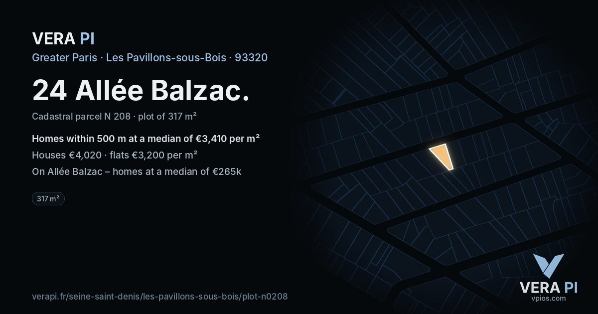 24 Allée Balzac, Les Pavillons-sous-Bois at night – the plot lit, the parcels around coloured by the prices near them