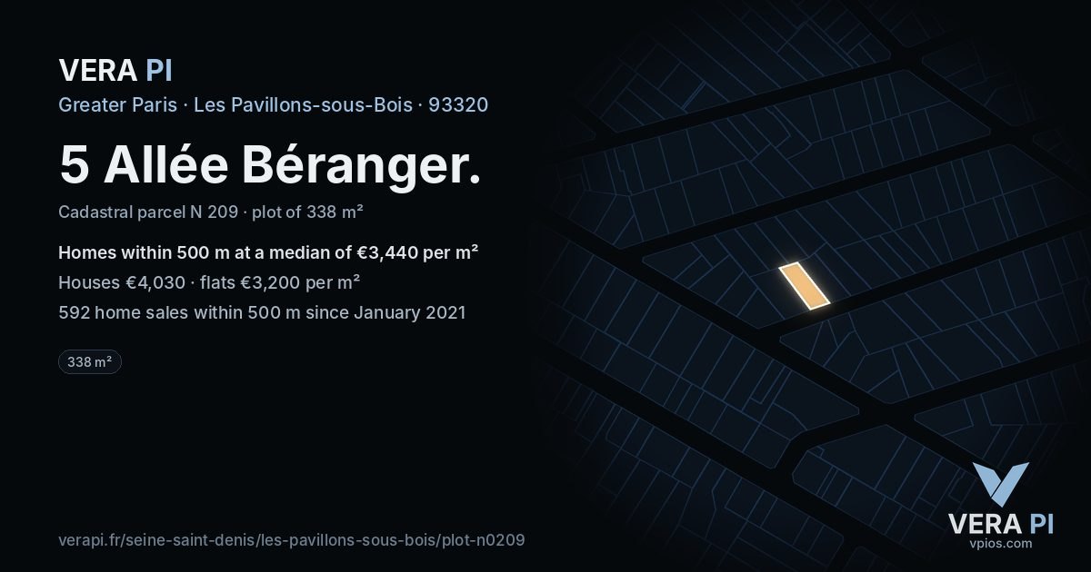 5 Allée Béranger, Les Pavillons-sous-Bois at night – the plot lit, the parcels around coloured by the prices near them