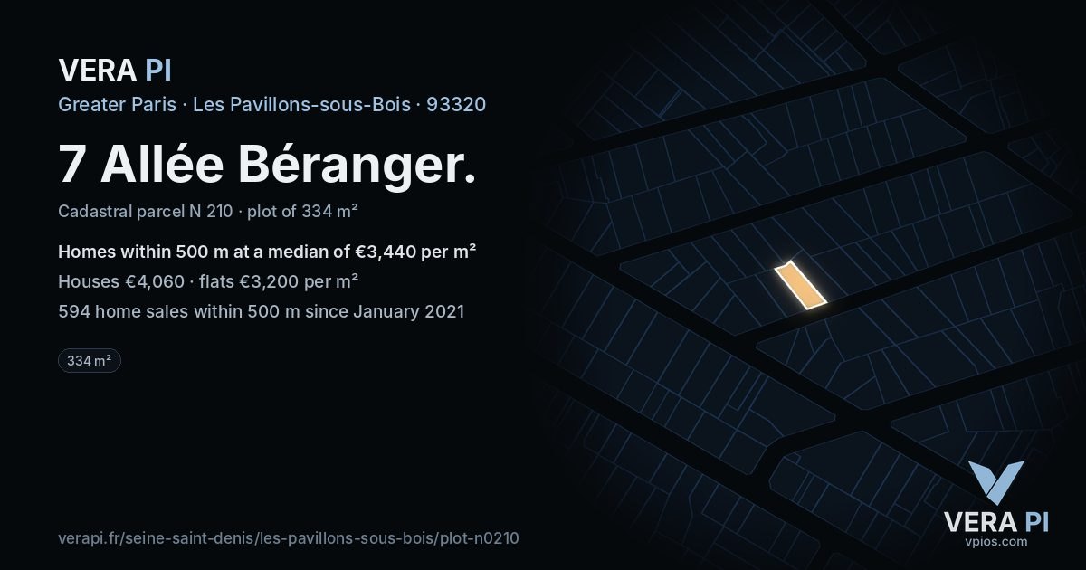 7 Allée Béranger, Les Pavillons-sous-Bois at night – the plot lit, the parcels around coloured by the prices near them