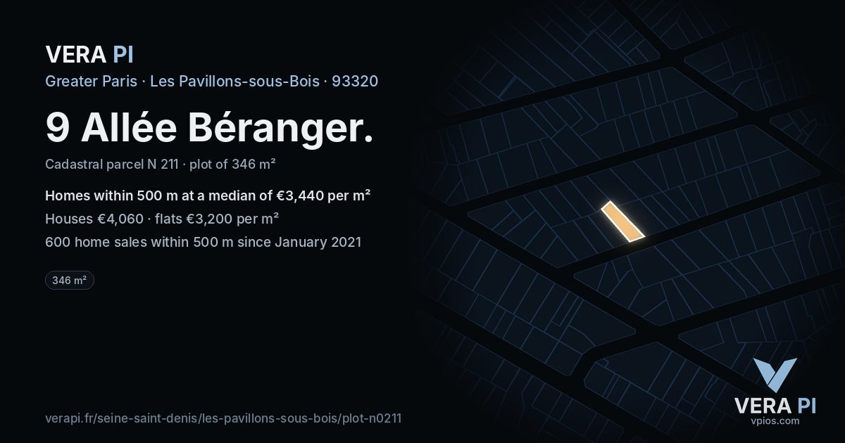 9 Allée Béranger, Les Pavillons-sous-Bois at night – the plot lit, the parcels around coloured by the prices near them