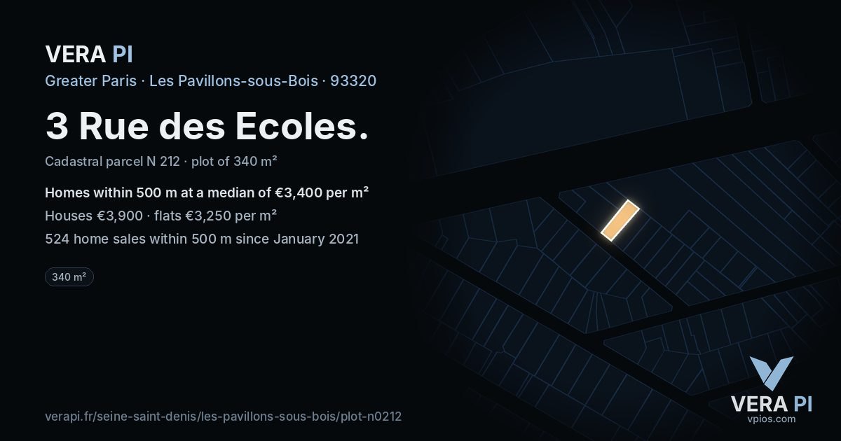 3 Rue des Ecoles, Les Pavillons-sous-Bois at night – the plot lit, the parcels around coloured by the prices near them