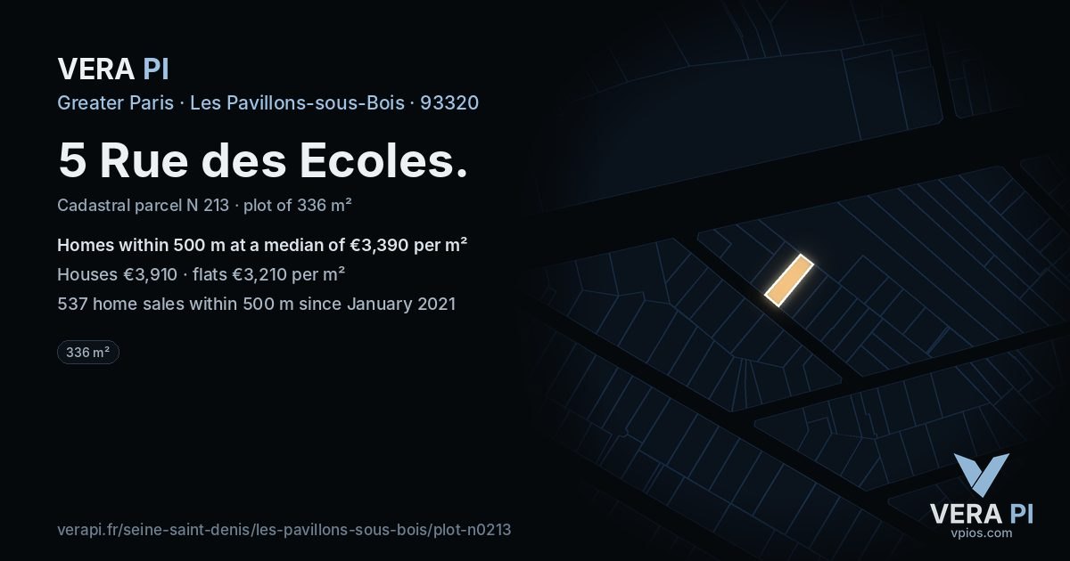 5 Rue des Ecoles, Les Pavillons-sous-Bois at night – the plot lit, the parcels around coloured by the prices near them