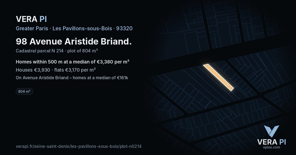 98 Avenue Aristide Briand, Les Pavillons-sous-Bois at night – the plot lit, the parcels around coloured by the prices near them