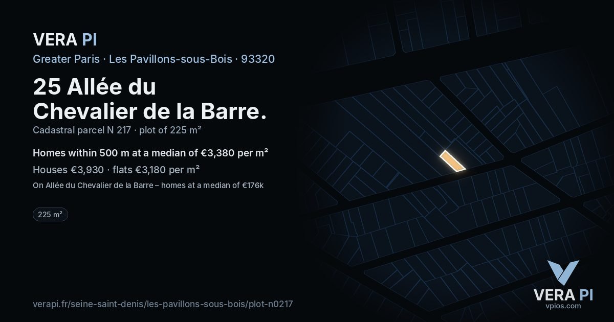 25 Allée du Chevalier de la Barre, Les Pavillons-sous-Bois at night – the plot lit, the parcels around coloured by the prices near them