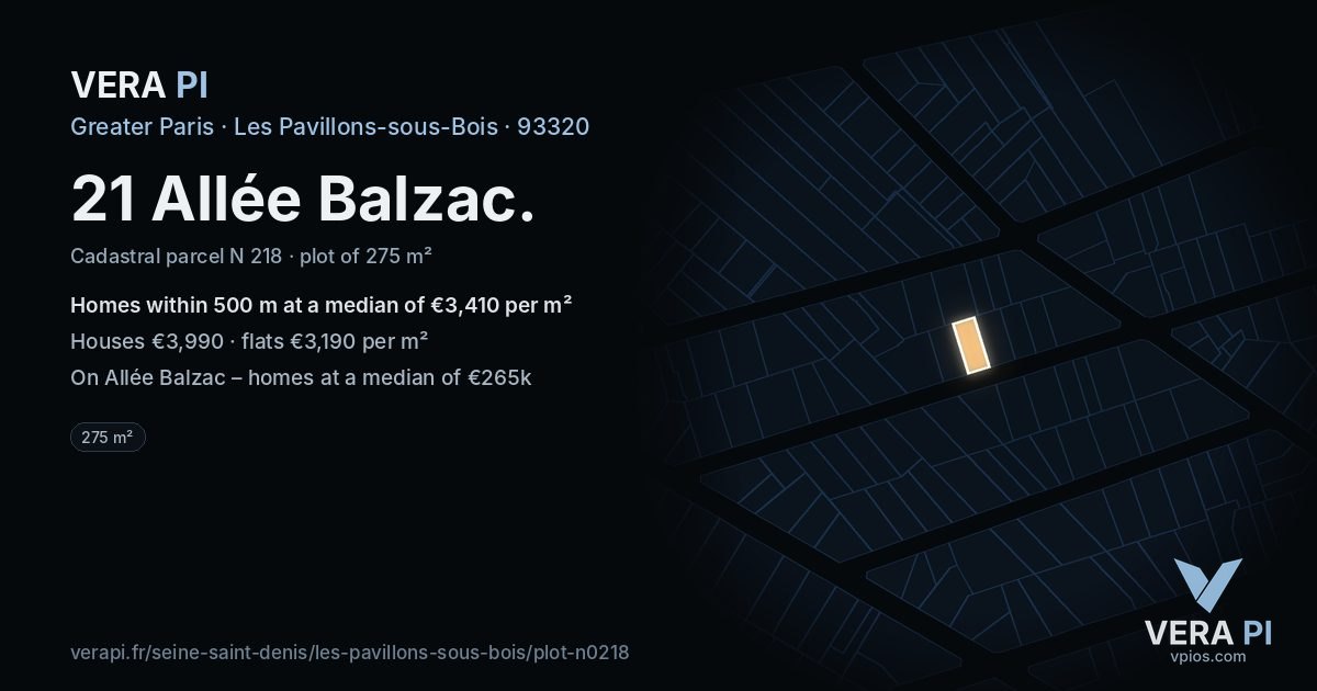 21 Allée Balzac, Les Pavillons-sous-Bois at night – the plot lit, the parcels around coloured by the prices near them
