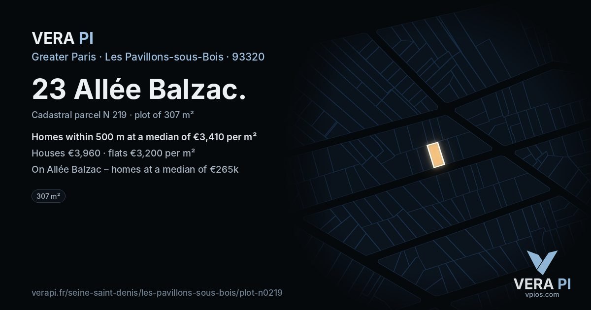 23 Allée Balzac, Les Pavillons-sous-Bois at night – the plot lit, the parcels around coloured by the prices near them