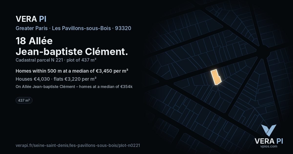 18 Allée Jean-baptiste Clément, Les Pavillons-sous-Bois at night – the plot lit, the parcels around coloured by the prices near them