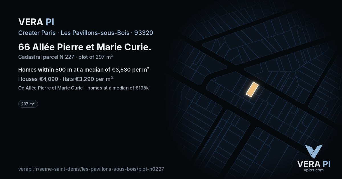 66 Allée Pierre et Marie Curie, Les Pavillons-sous-Bois at night – the plot lit, the parcels around coloured by the prices near them