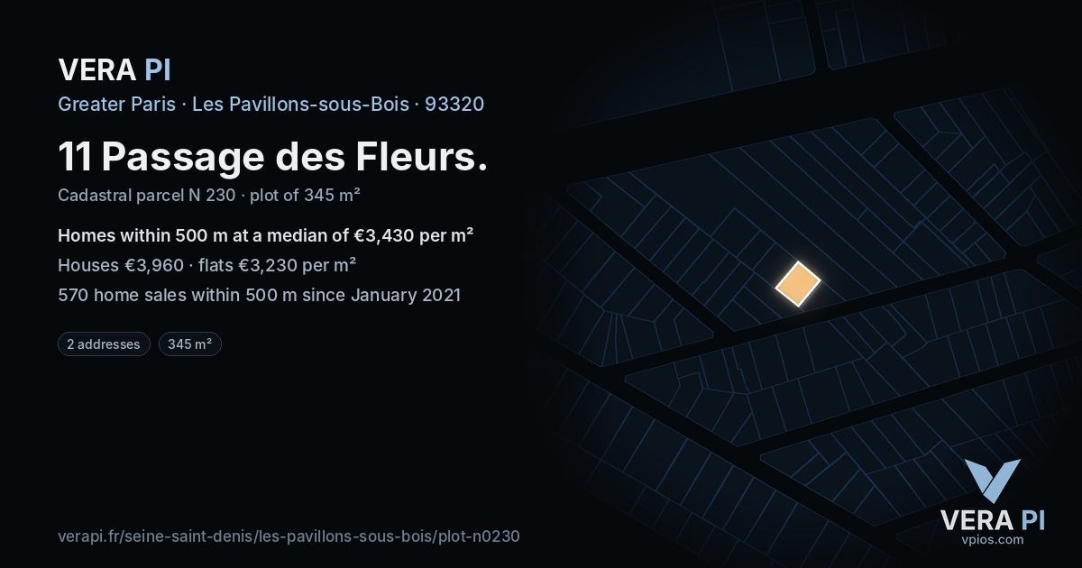 11 Passage des Fleurs, Les Pavillons-sous-Bois at night – the plot lit, the parcels around coloured by the prices near them