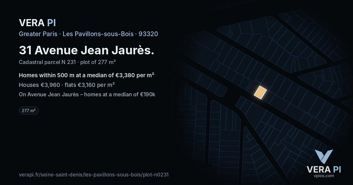 31 Avenue Jean Jaurès, Les Pavillons-sous-Bois at night – the plot lit, the parcels around coloured by the prices near them