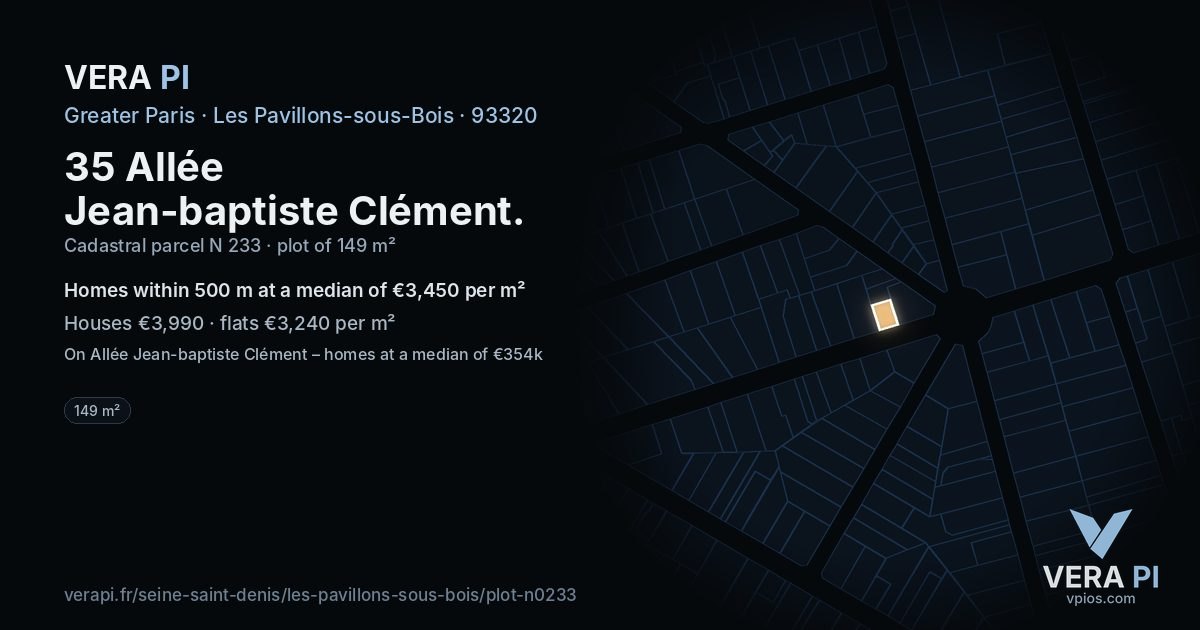 35 Allée Jean-baptiste Clément, Les Pavillons-sous-Bois at night – the plot lit, the parcels around coloured by the prices near them