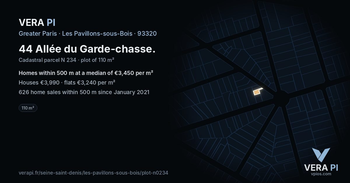 44 Allée du Garde-chasse, Les Pavillons-sous-Bois at night – the plot lit, the parcels around coloured by the prices near them