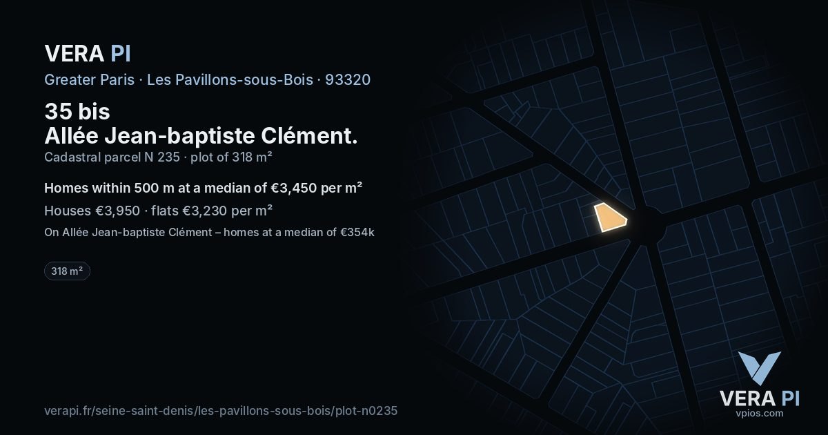 35 bis Allée Jean-baptiste Clément, Les Pavillons-sous-Bois at night – the plot lit, the parcels around coloured by the prices near them