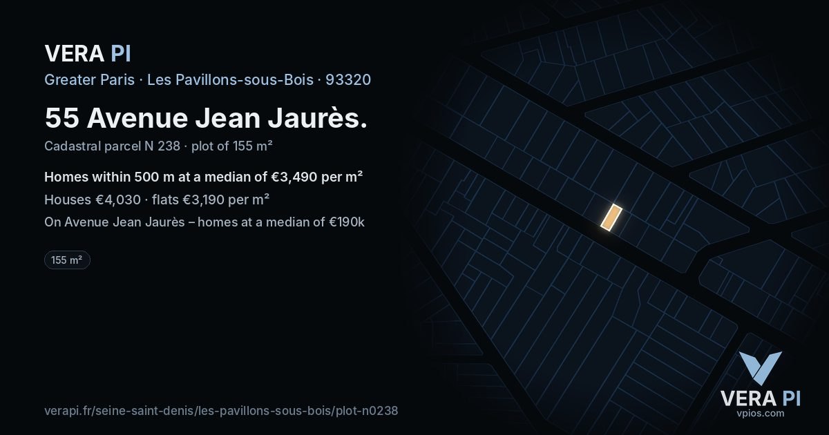 55 Avenue Jean Jaurès, Les Pavillons-sous-Bois at night – the plot lit, the parcels around coloured by the prices near them