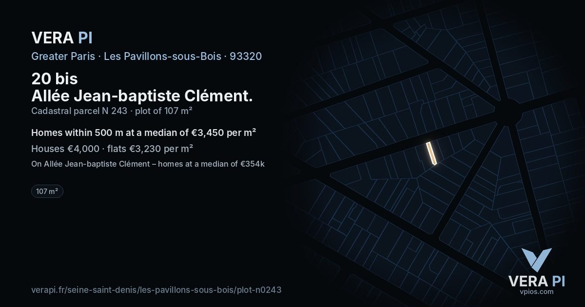 20 bis Allée Jean-baptiste Clément, Les Pavillons-sous-Bois at night – the plot lit, the parcels around coloured by the prices near them